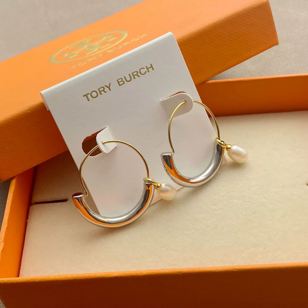 Tory Burch Contrast Metal Hoop Pearl Drop Earrings Round